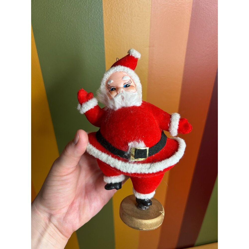 Vintage Hard Plastic Santa kitschy Christmas flocked ornament felt